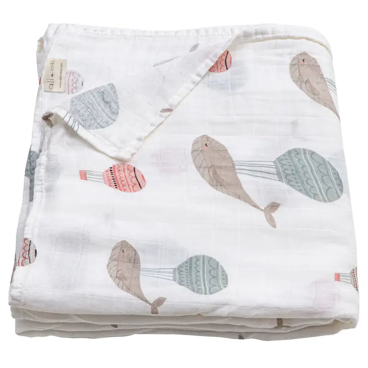 Ali + Oli    Muslin Swaddle Blanket Whale