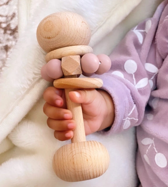Ali + Oli Wooden Rattle Toys For Babies with (Blush) Silicone Beads